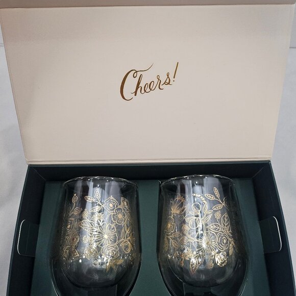 Corkcicle Stemless Wine Glass Set by Rifle Paper Co Set of 2 Elegant Gold Floral - Picture 10 of 13